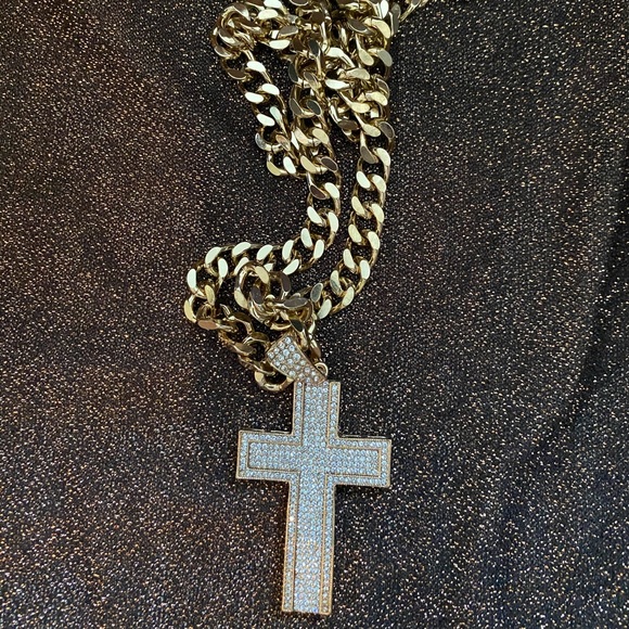 NEW MENS BIG BLING CROSS TWO TONE NECKLACE